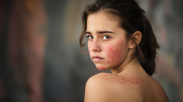 Une jeune femme avec de l'acné avec des taches rouges sur le dos