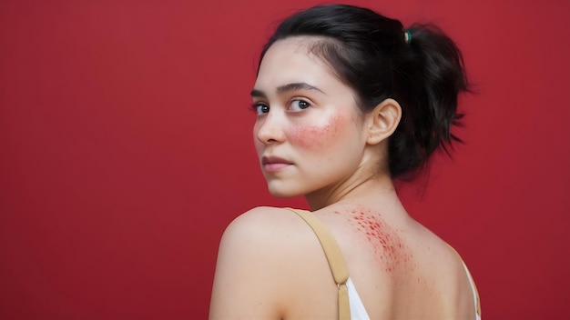 Une jeune femme avec de l'acné avec des taches rouges sur le dos