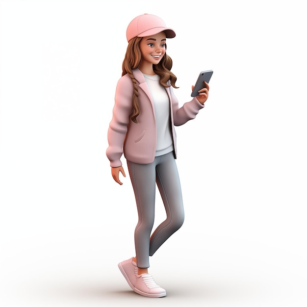 Photo une jeune femme ou une adolescente qui se promène avec un smartphone et discute en 3d. un personnage féminin isolé en plein corps.