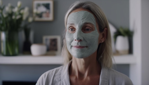 Une jeune femme adulte appliquant un masque facial pour un traitement de beauté à l'intérieur généré par l'intelligence artificielle