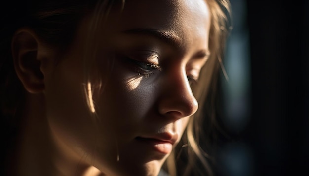 Jeune femme adulte aux cheveux bruns souriant à l'extérieur IA générative