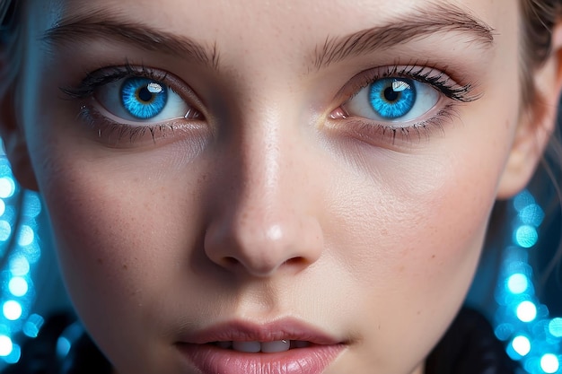 Une jeune femme adulte aux yeux bleus regardant une caméra générée par l'IA