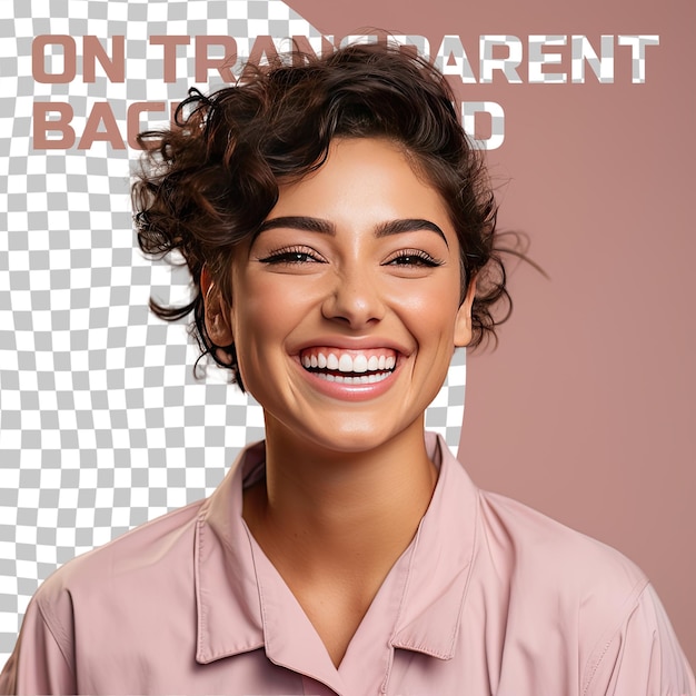 Une jeune femme adulte extatique aux cheveux courts de l'ethnie des îles du Pacifique, vêtue d'une tenue paramédicale, pose dans une tête inclinée avec un style souriant sur un fond crème pastel.