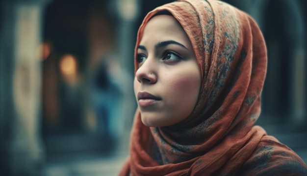 Une jeune femme adulte portant un voile religieux regardant la caméra générée par l'IA