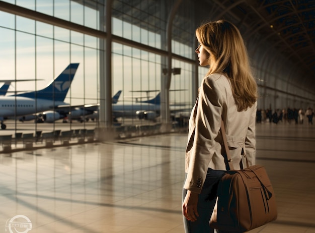 Photo jeune femme à l'aéroport regardant par la fenêtre des avions photo de haute qualité