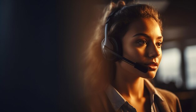 Photo une jeune femme d'affaires adulte souriant en utilisant un téléphone et un casque à l'intérieur générés par l'intelligence artificielle