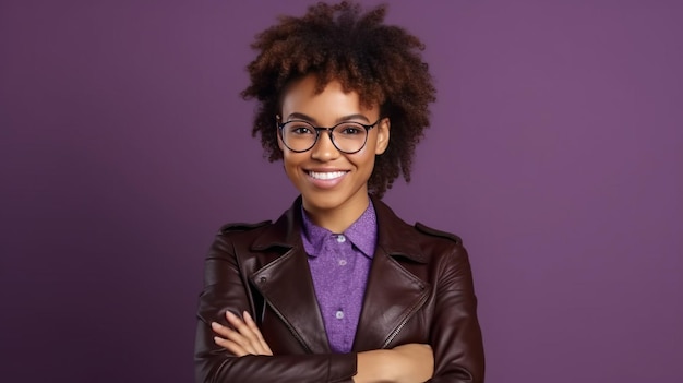 Jeune femme d'affaires afro-américaine portant des lunettes debout sur fond violet