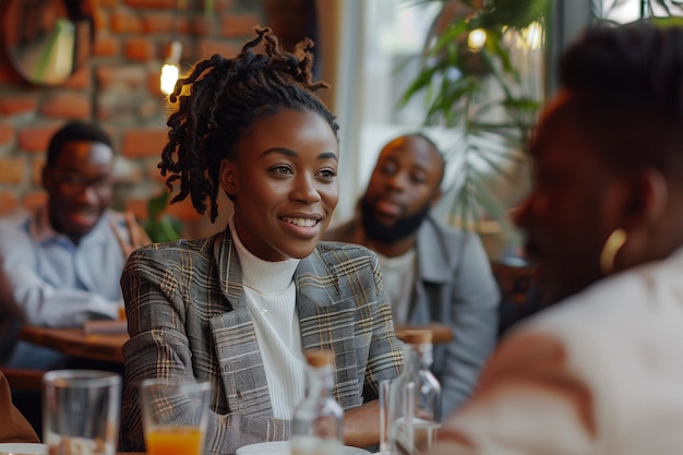 Une jeune femme d'affaires afro-américaine présente une idée à un couple d'hommes noirs dans un restaurant.