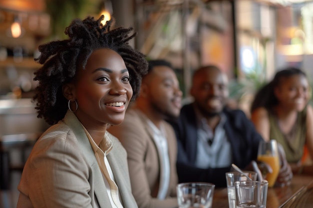 Une jeune femme d'affaires afro-américaine présente une idée à un couple d'hommes noirs dans un restaurant.