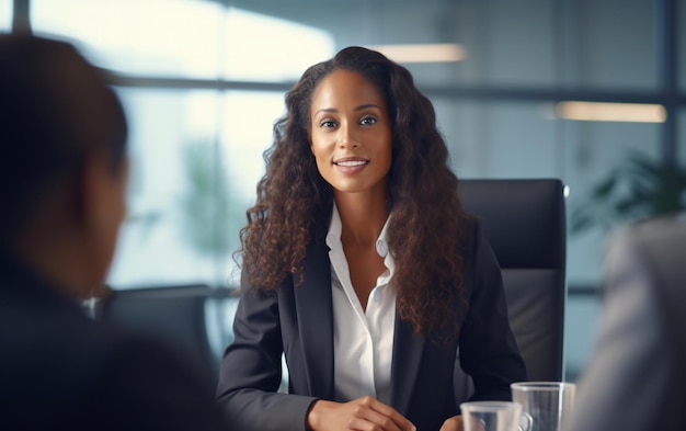 Jeune femme d'affaires afro-américaine souriante lors d'une réunion d'affaires concept de femme forte