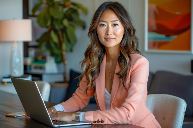 Une jeune femme d'affaires asiatique confiante travaillant sur un ordinateur portable dans un bureau moderne