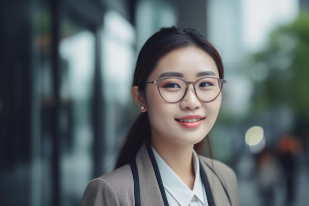 Jeune femme d'affaires asiatique intelligente visage souriant debout dans l'arrière-plan flou de l'immeuble de bureaux moderne Generative AI AIG20