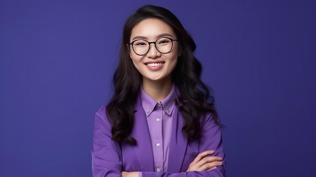Jeune femme d'affaires asiatique portant des lunettes debout sur fond violet