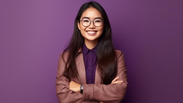 Jeune femme d'affaires asiatique portant des lunettes debout sur fond violet