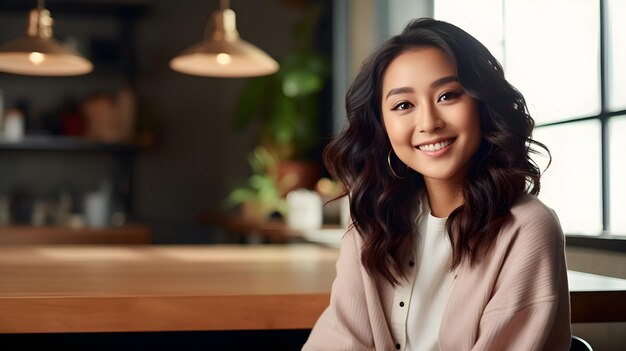 Photo jeune femme d'affaires asiatique souriante assise sur son lieu de travail au bureau