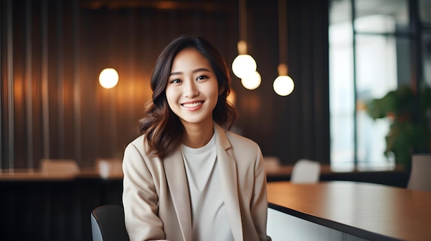 Photo jeune femme d'affaires asiatique souriante assise sur son lieu de travail au bureau