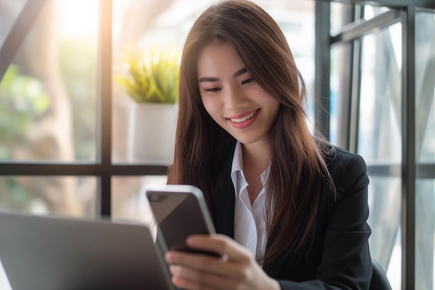 Une jeune femme d'affaires asiatique souriante qui utilise et regarde son téléphone portable alors qu'elle travaille sur un ordinateur portable