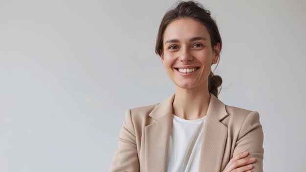 Une jeune femme d'affaires blanche souriante, employée de banque, travailleuse, directeur, patron, directeur général, regardant la caméra.