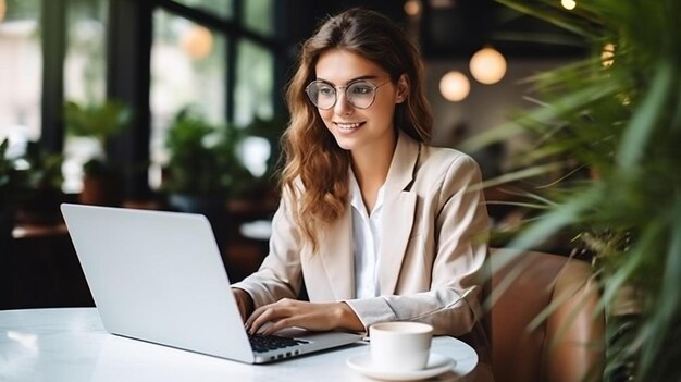 jeune femme d'affaires caucasienne avec un ordinateur portable et un carnet