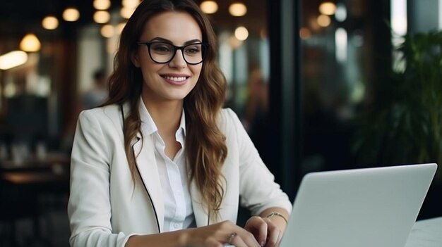 jeune femme d'affaires caucasienne avec un ordinateur portable et un carnet