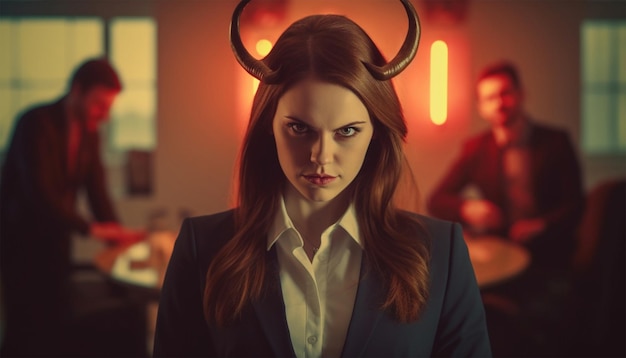 Photo jeune femme d'affaires avec des cornes de diable au bureau femme autoritaire en colère femme réussie injuste