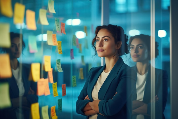 Jeune femme d'affaires créative mentor entraîneur leader idée d'écriture sur des notes autocollantes sur le mur de verre