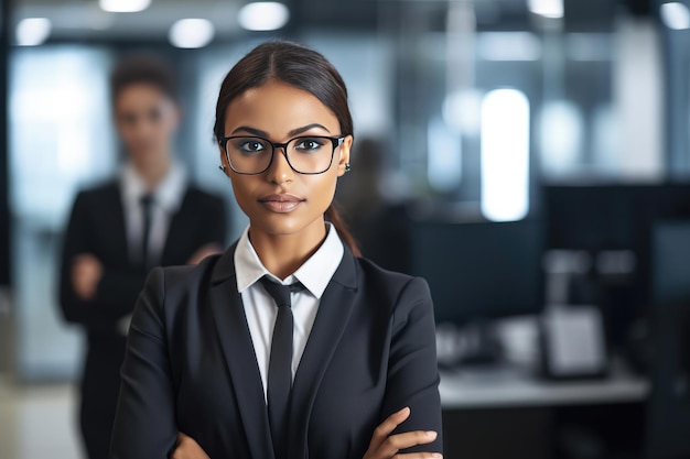 Jeune femme d'affaires debout avec les bras croisés dans un bureau