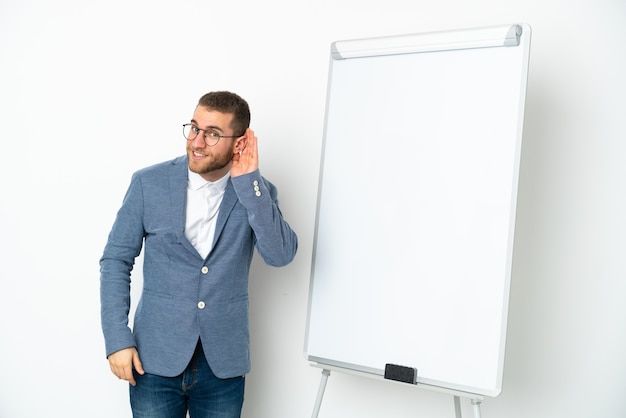 Jeune femme d'affaires donnant une présentation sur tableau blanc isolé sur un mur blanc en écoutant quelque chose en mettant la main sur l'oreille