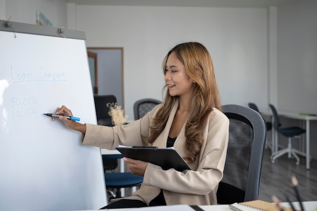 Jeune femme d'affaires écrivant sur un tableau blanc lors de la présentation dans la salle de réunion.