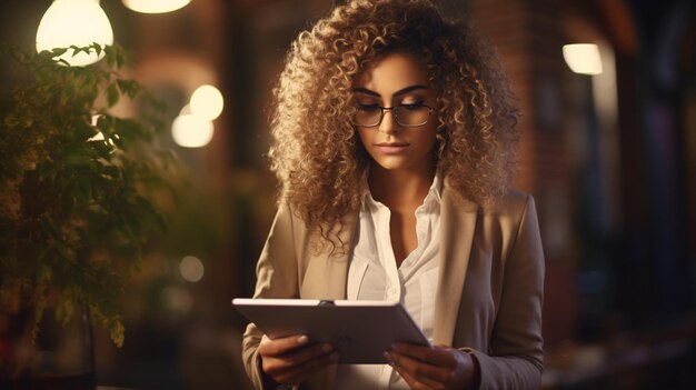 Jeune femme d'affaires ou étudiante afro-américaine concentrée et regardant un ordinateur portable tenant un livre d'apprentissage