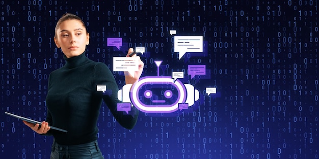 Une jeune femme d'affaires européenne attrayante utilisant un hologramme de bot créatif sur un fond de codage binaire bleu Chat GPT et concept de service à la clientèle