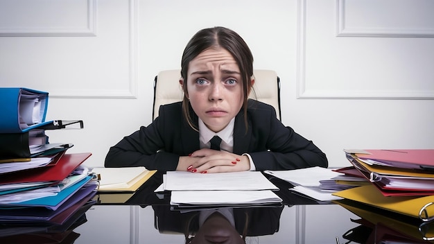 Photo une jeune femme d'affaires fatiguée avec des dossiers sur un bureau isolé sur un fond blanc