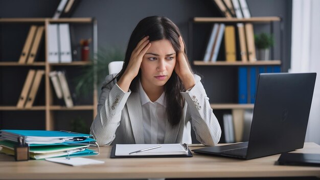 Une jeune femme d'affaires fatiguée avec des dossiers sur un bureau isolé sur un fond blanc