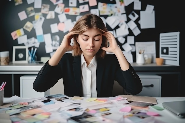 Une jeune femme d'affaires fatiguée un employé est assis dans le bureau à la table avec les yeux fermés et sa tête dans ses mains contre le fond d'un mur accroché avec beaucoup d'autocollants