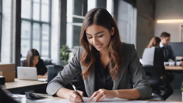 Une jeune femme d'affaires heureuse lisant des rapports tout en faisant la paperasserie et en travaillant avec un collègue.