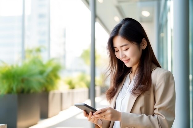 Une jeune femme d'affaires heureuse travaillant avec une tablette dans un bureau d'entreprise