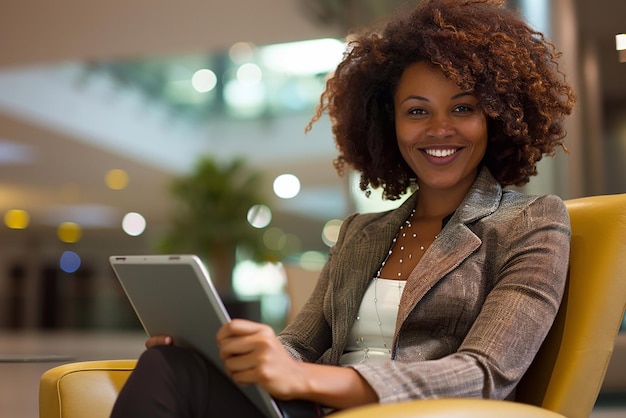 Une jeune femme d'affaires heureuse travaillant avec une tablette dans un bureau d'entreprise