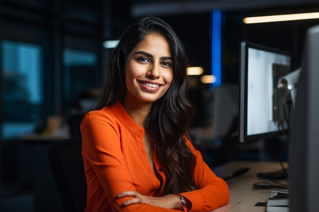 Une jeune femme d'affaires heureuse utilisant un ordinateur dans un bureau moderne avec ses collègues une directrice élégante et belle