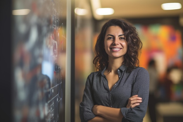 Jeune femme d'affaires hispanique intelligente visage souriant debout dans l'arrière-plan flou du design d'intérieur de bureau coloré créatif Generative AI AIG20
