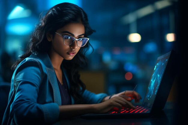Jeune femme d'affaires indienne reconnaissante avec un ordinateur portable faisant le pouce levé