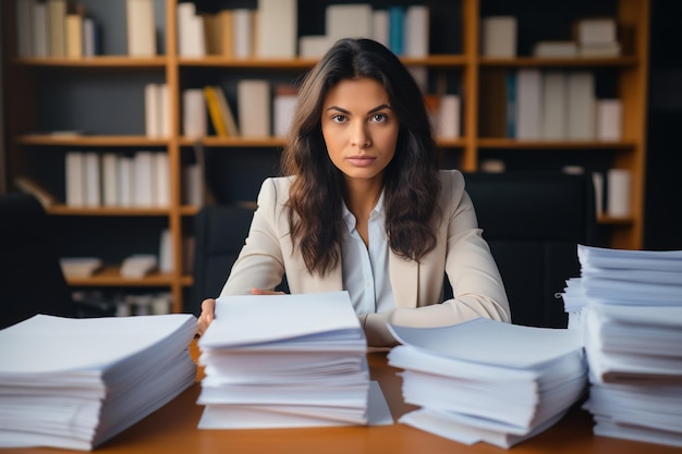 Jeune femme d'affaires latine occupée avocat comptable fiscal directeur tenant des documents sur papier vérifiant des factures faisant des ventes factures de comptabilité lisant des contrats juridiques ou des relevés bancaires assis à son bureau au bureau