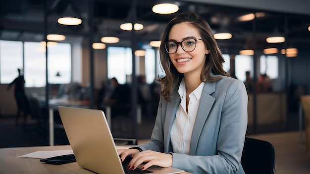 Une jeune femme d'affaires en lunettes assise dans un immeuble de bureaux travaillant sur un ordinateur portable