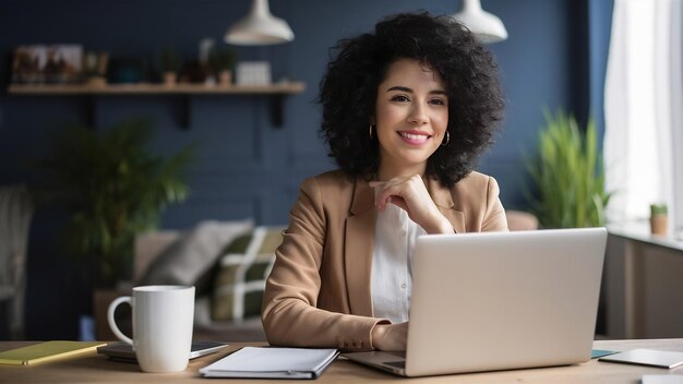 Une jeune femme d'affaires mignonne et heureuse est assise à l'intérieur d'un bureau à domicile en utilisant un ordinateur portable.