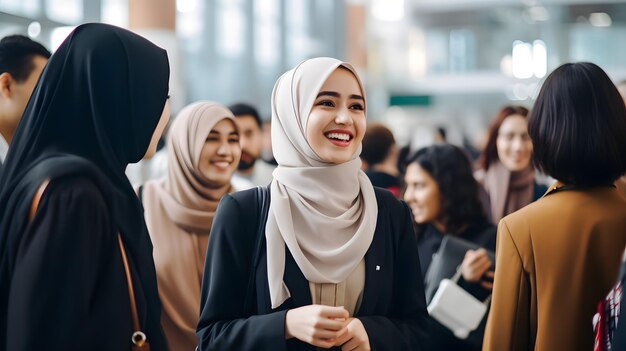 jeune femme d'affaires musulmane asiatique souriant à la caméra alors qu'elle se tient dans le bureau