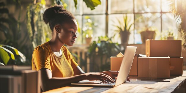 Une jeune femme d'affaires à la peau noire entourée de boîtes travaillant sur un ordinateur portable petite livraison d'affaires