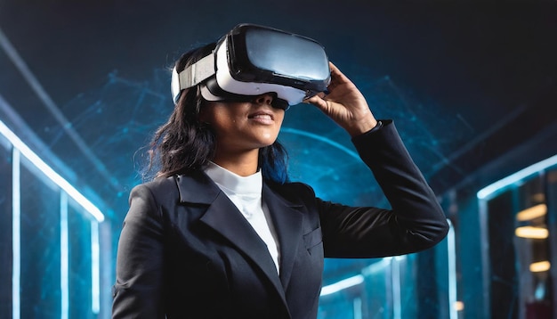Une jeune femme d'affaires portant des lunettes de réalité virtuelle la nuit Concept de technologie du futur