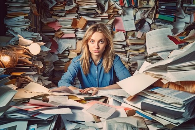 Une jeune femme d'affaires scandinave assise à un bureau travaillant sur un ordinateur portable rempli de papiers et d'autres documents IA générative AIG30