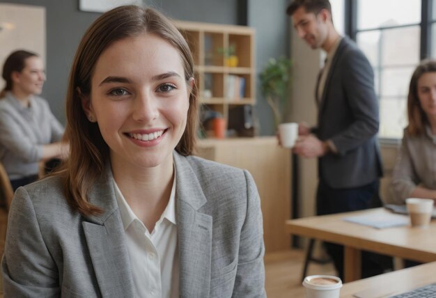 Une jeune femme d'affaires souriante dans un environnement de bureau animé style d'entreprise frais et accessible