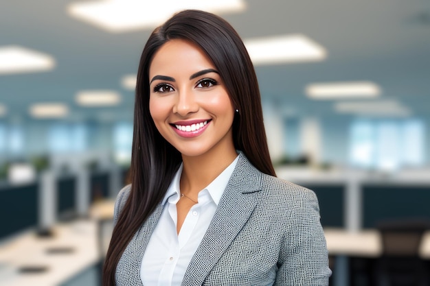 Jeune femme d'affaires souriante debout dans un arrière-plan flou de l'IA générative de bureau