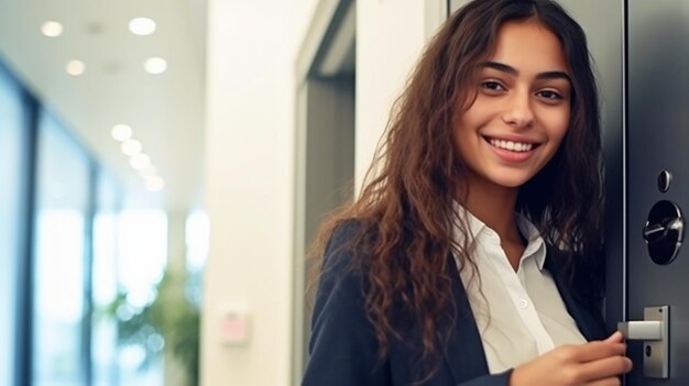 Une Jeune Femme D'affaires Souriante Insère Sa Carte-clé Dans Le Système De Sécurité De La Porte à L'aide De L'ia Générative